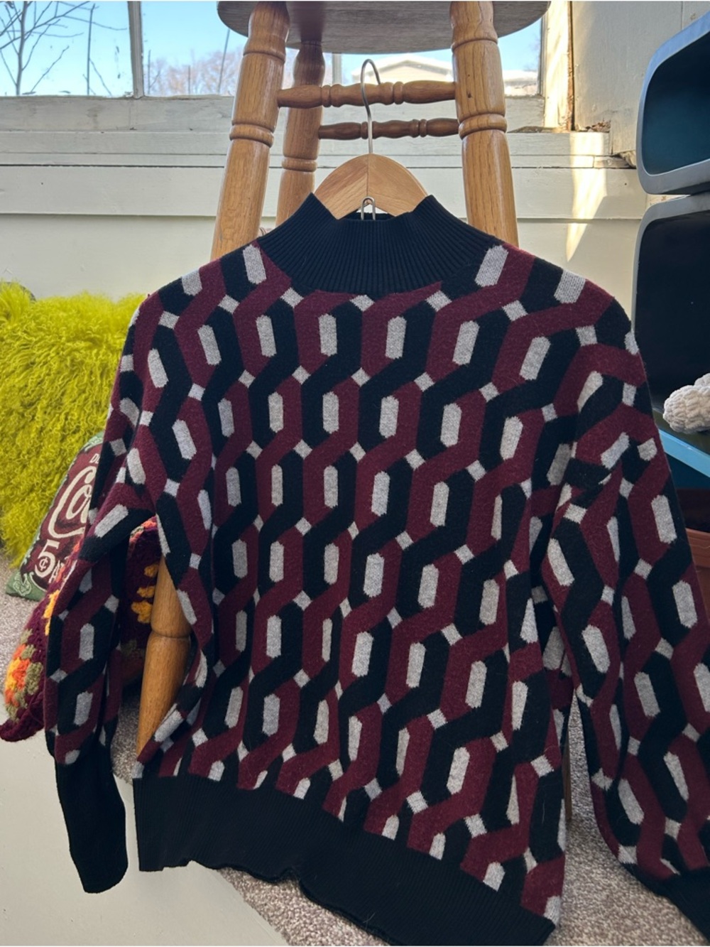 Christian Siriano Geometric Mock Neck Sweater - Burgundy/Black/Grey